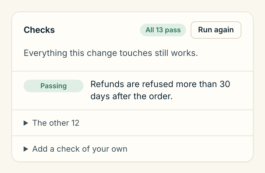 Checks: all 13 pass. Everything this change touches still works.